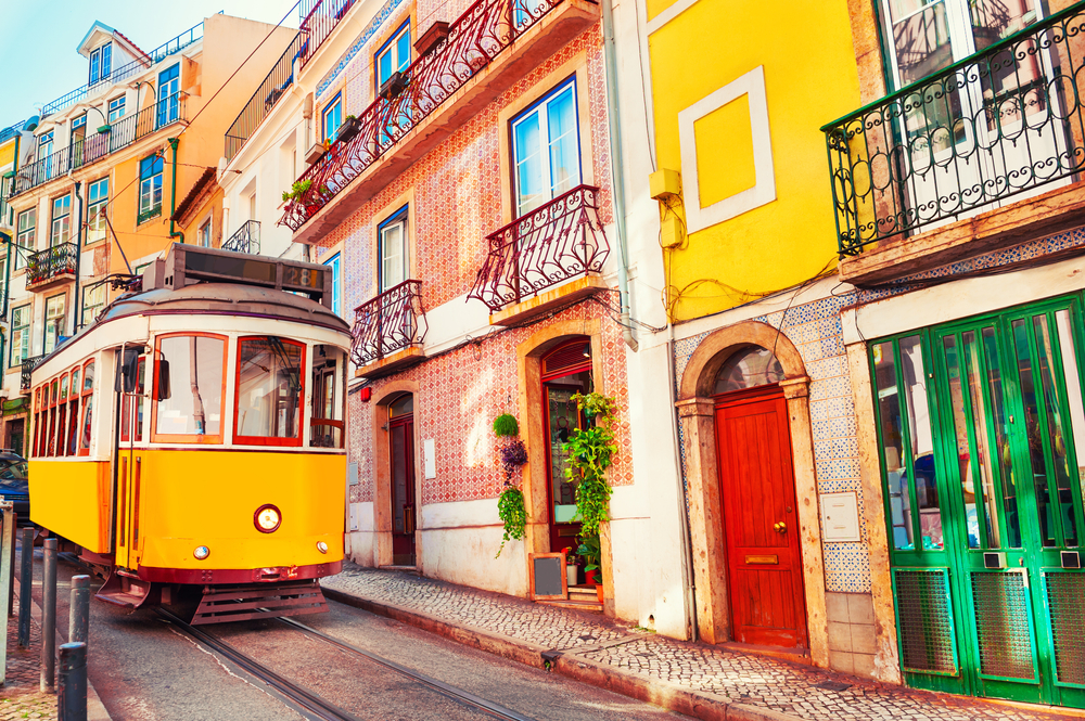 Vintage yellow tram in Lisbon Portugal