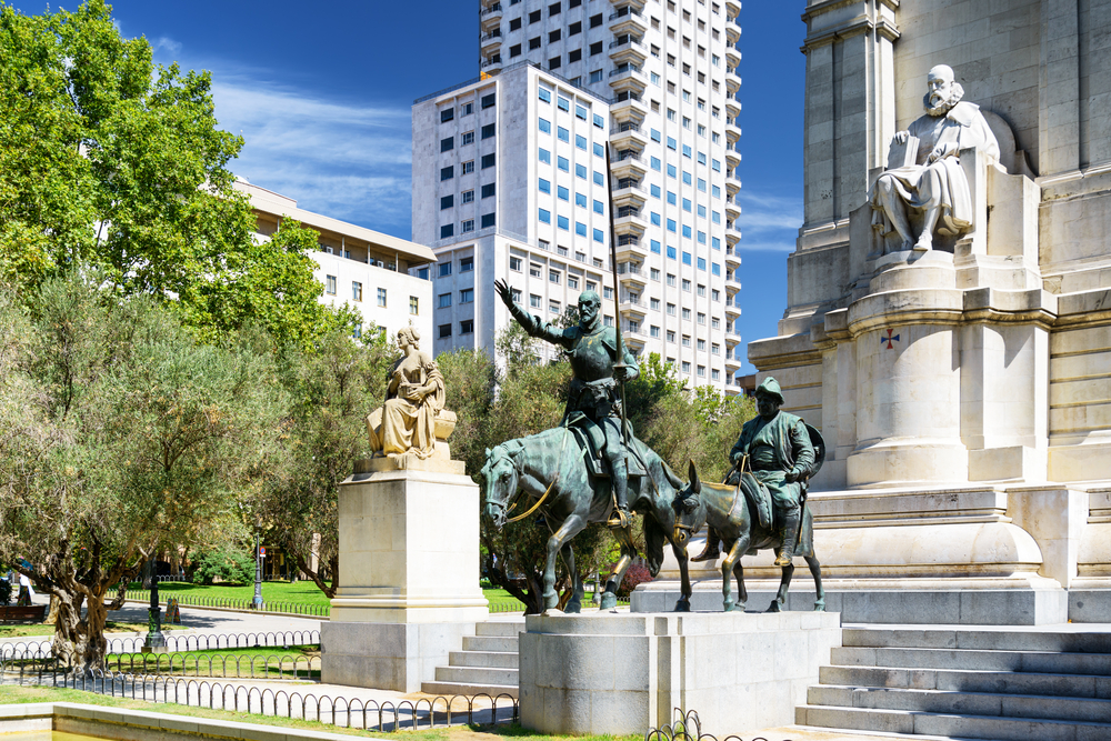 Sculpture of Miguel de Cervantes and Don Quixote and Sancho Panza on the Square of Spain Plaza de Espana Madrid