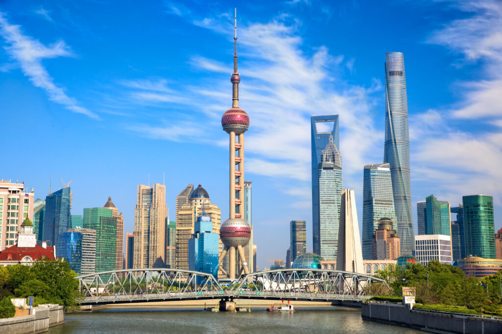 Shanghai skyline with historical Waibaidu bridge China