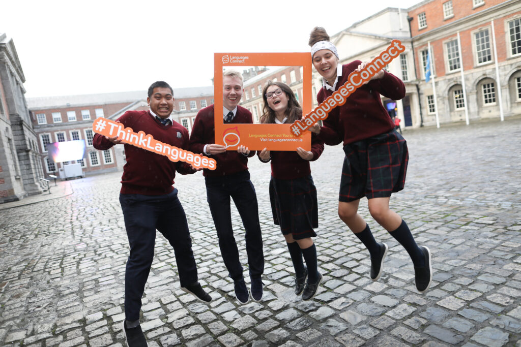 Students outside Dublin Castle enjoying attending ThinkLanguages 2018 TY Event