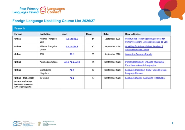 Screenshot showing foreign language upskilling course list 2026/27