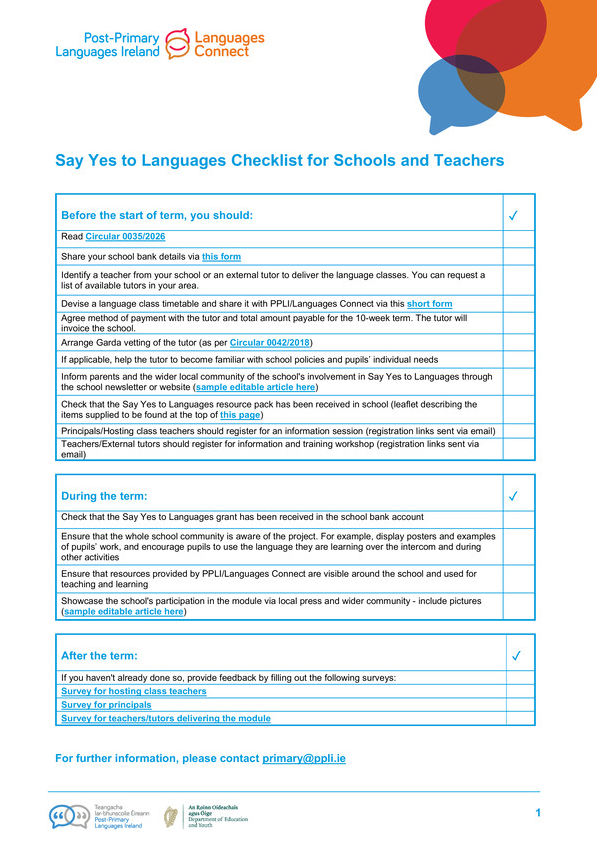 Screenshot of the front page of a Say Yes to Languages Resource