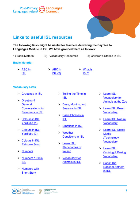 Screenshot of the front page of a Say Yes to Languages Resource
