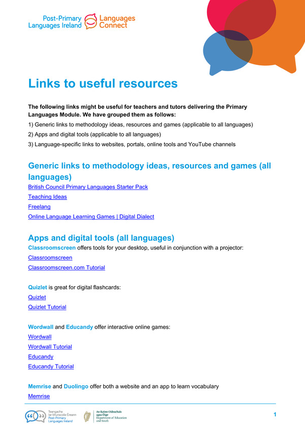 Screenshot of the front page of a Say Yes to Languages Resource